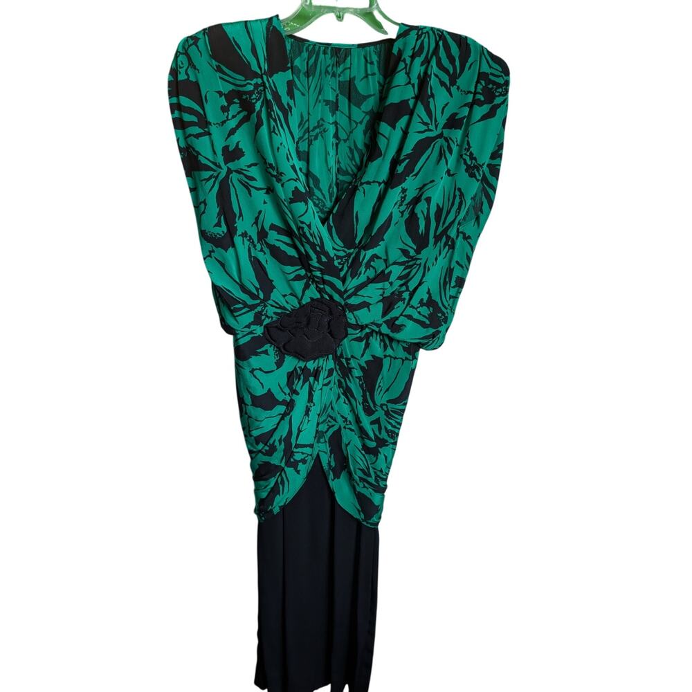 Vintage 1980s Barbara Barbara California Flapper Drop Waist Dress Green Black 8